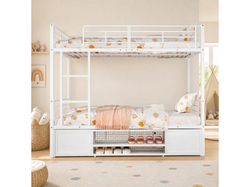  Lit superposé 90x200 cm en métal blanc avec rangement à chaussures  - Conforama D