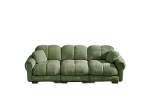 Canapé 3 places modulaire en chenille vert avec 2 coussins déco, assises épaisses et dossier ergonomique