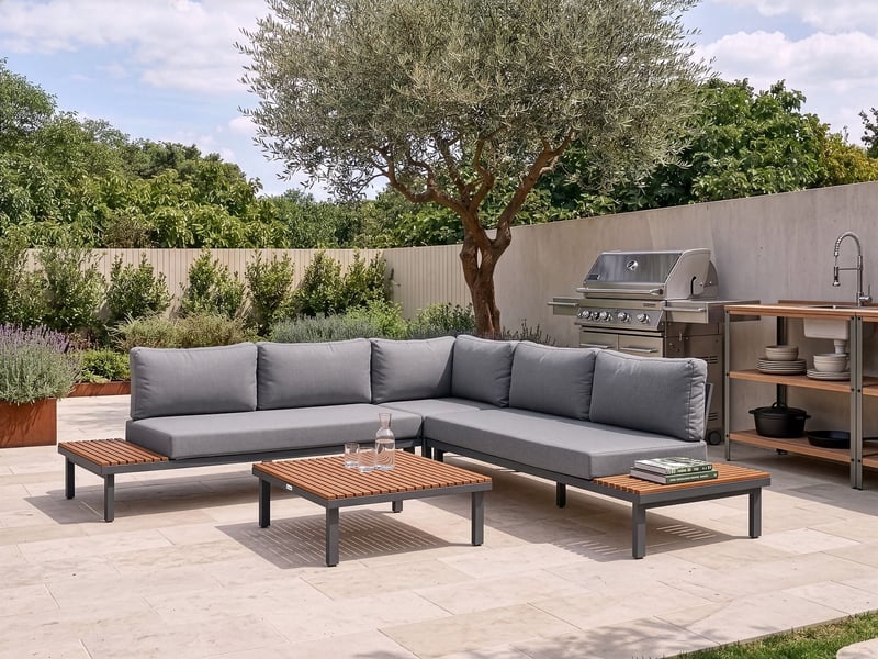  Ensemble de canapés d'angle de jardin 5 places fivizzano acacia gris foncé  - Conforama B