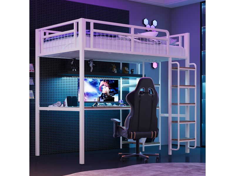  Lit mezzanine enfant 90x200 cm avec bureau et étagères coloris blanc  - Conforama E