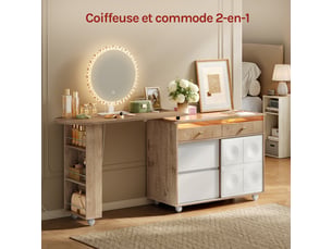 Coiffeuse avec miroir led,avec éclairage et casiers à bijoux,tiroirs,étagères,blanc+chêne brun clair