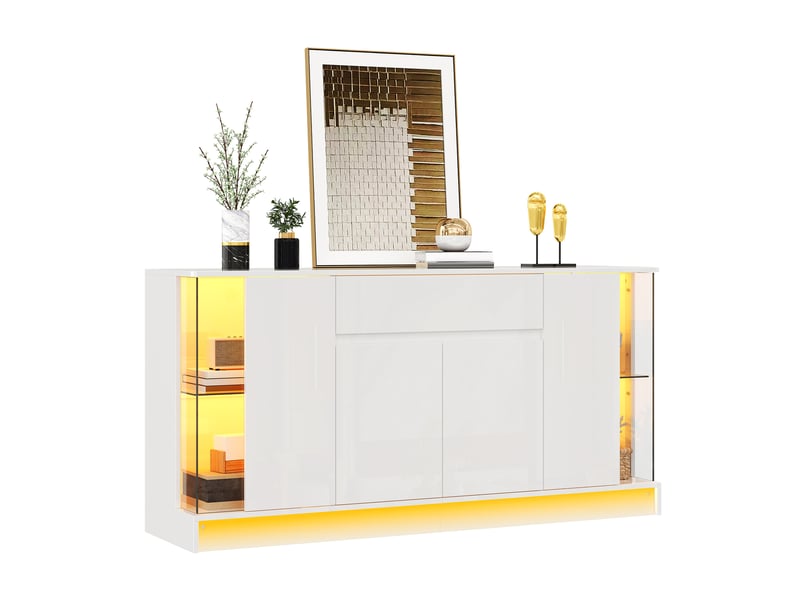  Buffet bas 150x40x75 cm avec vitrines en verre, éclairage led, panneau de particules, coloris blanc haute brillance  - Conforama A