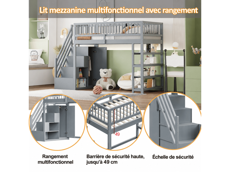  Lit mezzanine enfant 90x200cm lit surélevé avec escalier à rangements,armoire,étagères,sommier à lattes,pin et mdf,gris  - Conforama E