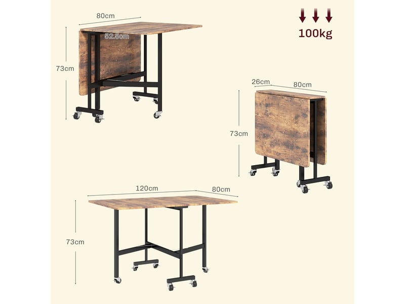 Table salle à manger pliante 120x80, structure métal robuste table extensible, roues freins, rangement compact, 6 personnes  - Conforama C