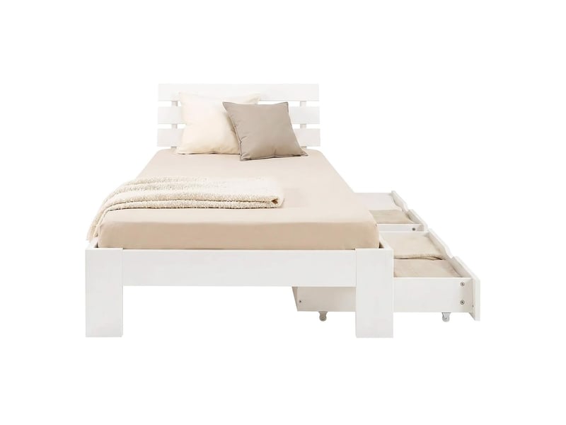  Lit en bois 90x200 cm blanc - lit simple - avec matelas à ressorts - 2 tiroirs 3332 - Conforama C