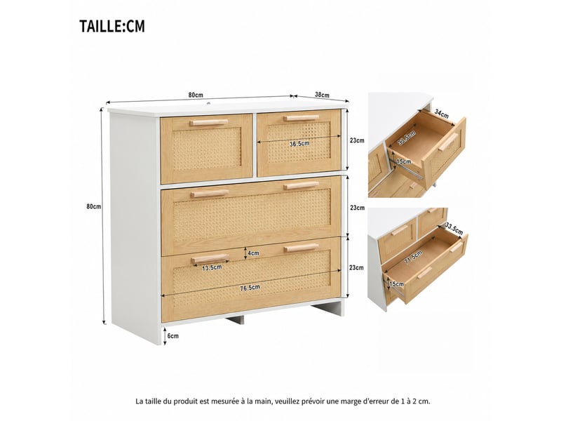  Commode 4 tiroirs effet rotin – mdf et poignées en bois – naturel et blanc – 80 x 80 x 38 cm  - Conforama D
