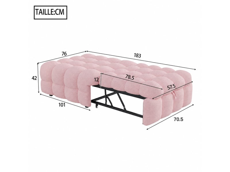  Lit banquette 1 place en tissu bouclette rose, convertible en pouf et canapé, 183x76 cm, sans matelas  - Conforama D