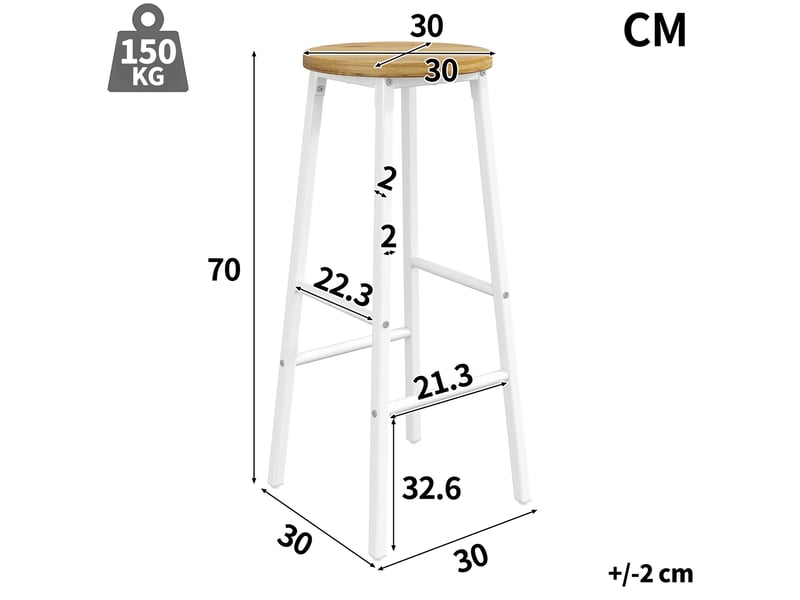  2 tabourets de bar avec repose-pieds - lpospi - assise aspect bois, pieds réglables, métal blanc 30 × 30 × 70 cm  - Conforama D