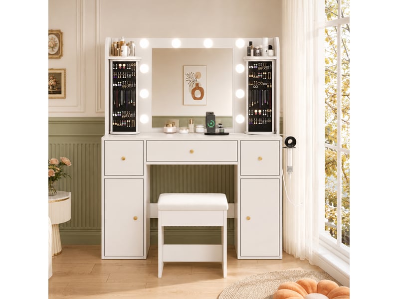  Coiffeuse 115x40x142 cm avec miroir, éclairage led, organiseur bijou rotatif, usb-c, support sèche-cheveux, blanc  - Conforama B