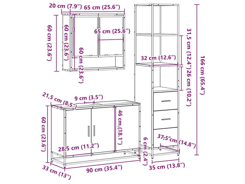 Ensemble de meubles de salle de bain 3 pcs chêne fumé cf63728 - Conforama E