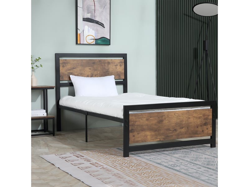  Cadre de lit simple 90x200 en métal et bois, style industriel vintage avec lattes intégrées  - Conforama C