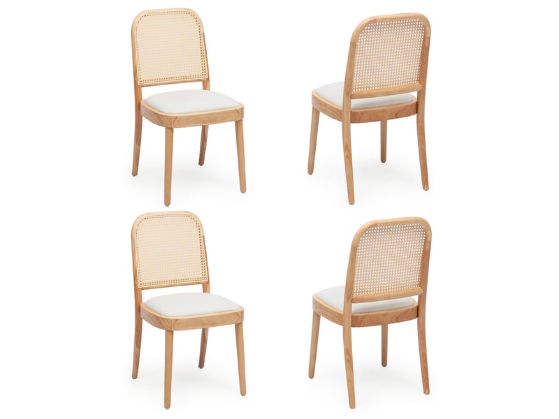  Lot de 4 chaises de salle à manger en bois massif, dossier en rotin tressé, assise rembourrée en lin, charge 150 kg, finition bois naturel  - Conforama A