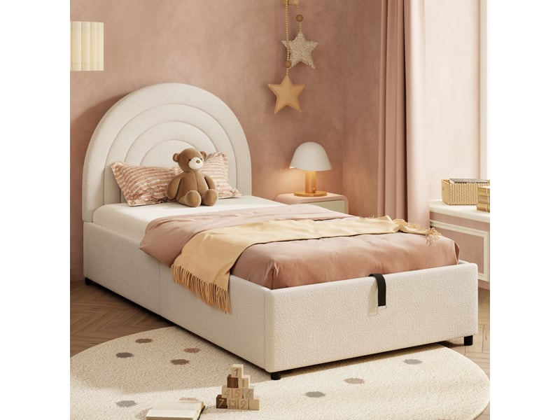  Lit enfant 90x200, sécurité optimale lit combine enfant, rangement hydraulique, design bouclé beige  - Conforama B