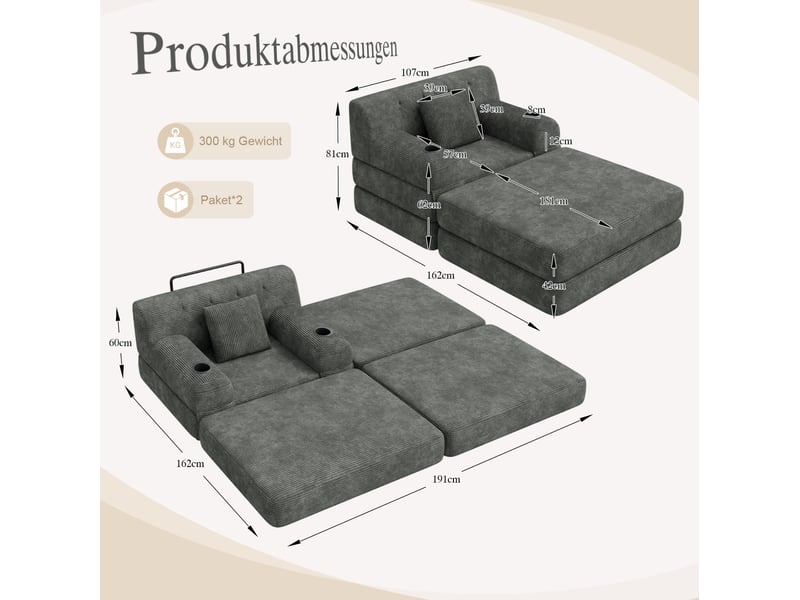 Fauteuil convertible compressé 1 place en velours côtelé gris foncé avec repose-pieds - Conforama C