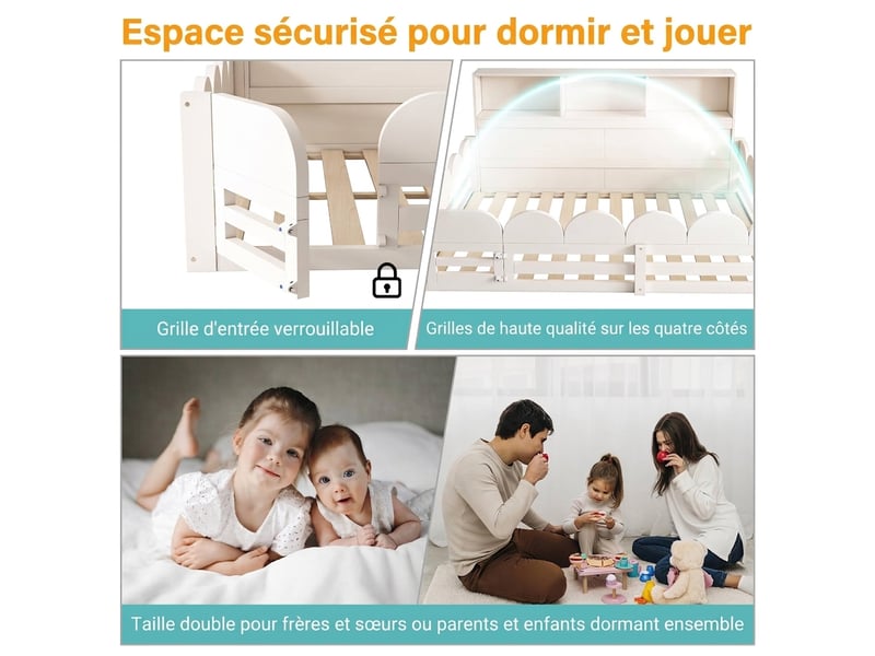  Lit au sol enfant 140x200 blanc en bois avec barrière et étagère  - Conforama E
