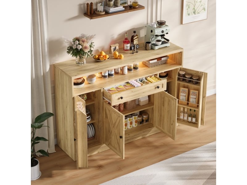 Buffet avec éclairage led, tiroir et 4 portes battantes, 140x35x95 cm, mdf couleur bois clair, design naturel  - Conforama E