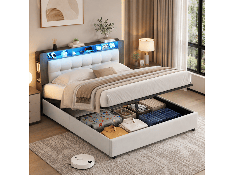  Lit coffre 160x200 cm, avec éclairage led et chargement sans fil, avec espace de rangement et sommier à lattes, lit double rembourré, en velours beige  - Conforama B