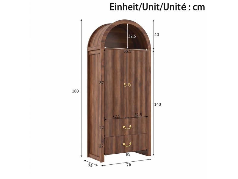 Buffet 76x38x180 cm, niche ouverte en arc, éclairage led, 2 portes et 2 tiroirs, mdf et panneau de particules, noyer - Conforama C