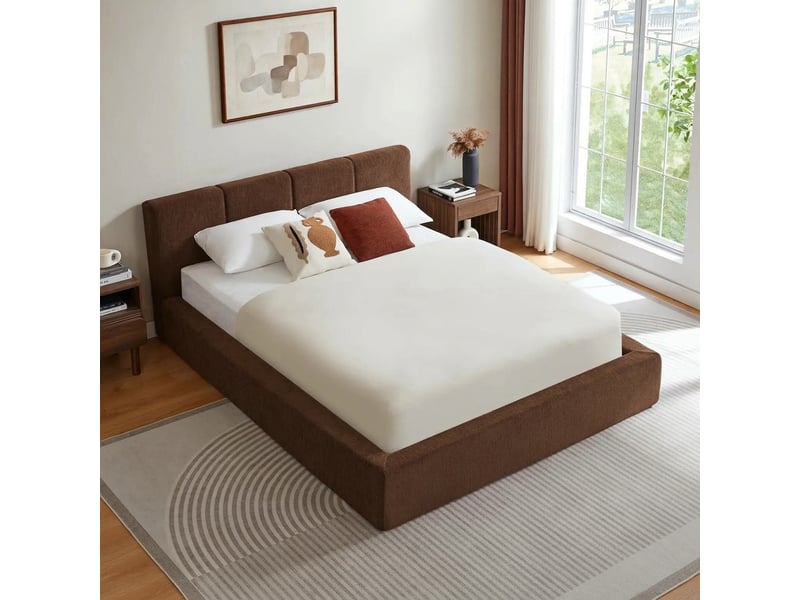 Cadre de lit 140x200 avec tête de lit rembourrée, lit double marron sans sommier tapissier - Conforama C