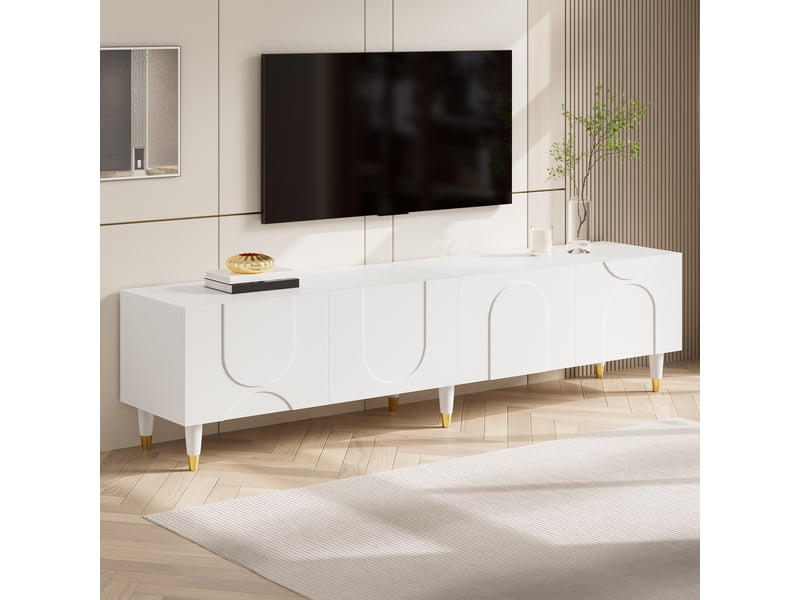  Meuble tv 180x40x50 cm, 4 portes, passe-câbles, façades texturées, pieds bois, grand rangement, lowboard moderne pour salon - blanc  - Conforama D