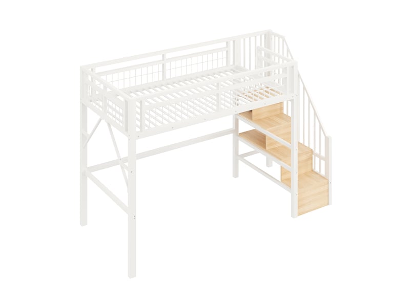 Lit mezzanine blanc 90x200 cm en métal avec escalier rangement et led, sans matelas - Conforama E