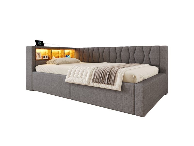 Lit de jour, canapé-lit, 90 x 200 cm, sans matelas, suspension hydraulique, avec bande led à intensité variable, étagère pratique et port usb, gris  - Conforama A