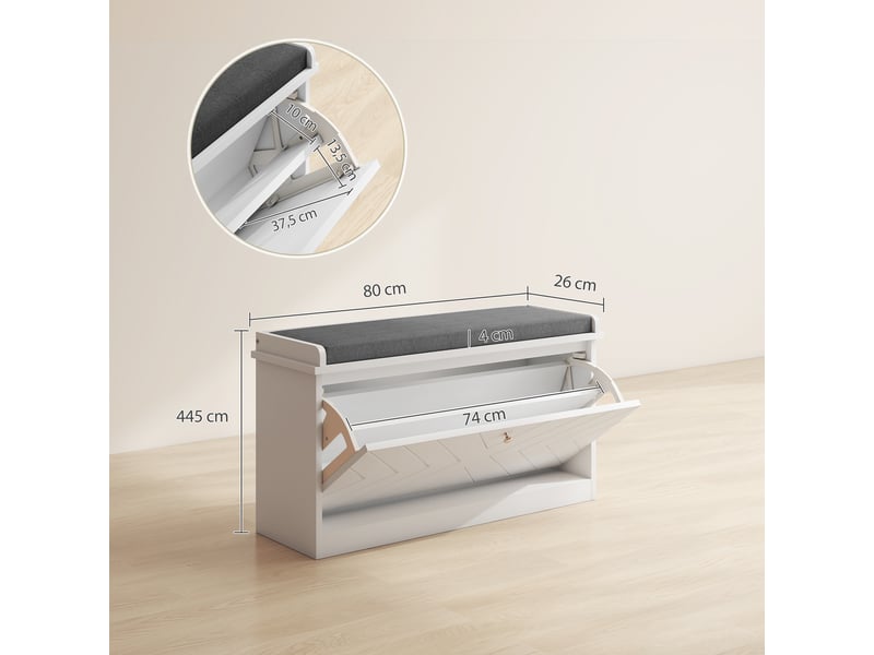  Meuble à chaussures avec banc, étagères réglables et coussin rembourré pour 8 paires de chaussures, 80 x 26 x 48 cm, blanc  - Conforama E