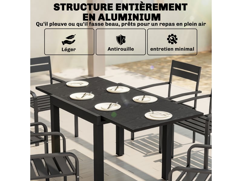 Table de jardin extensible 4-6 personnes en aluminium noir 80-160 x 80 x 75 cm - Conforama E