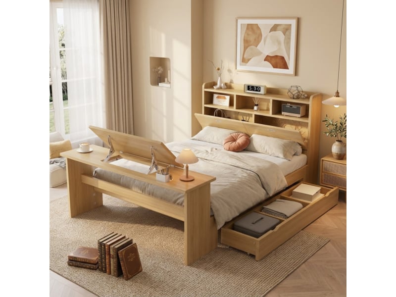  Lit enfant junior 140x200 en bois naturel - cadre de tête de lit avec étagère, tiroir coulissant et table pliante  - Conforama B