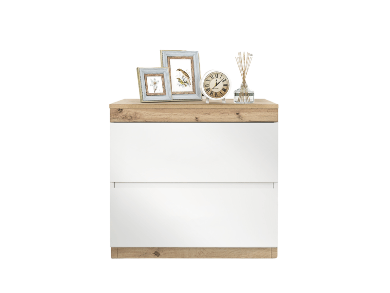  Chevet 2 tiroirs 55x40x55 cm, finition blanc+chêne en panneaux de particules e1, design classique et assemblage facile  - Conforama A