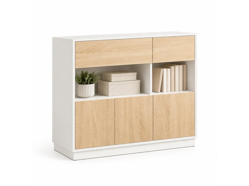 Buffet, avec compartiment ouvert et porte acrylique, antibasculement, 100×40×80 cm, blanc et chêne clair - Conforama A