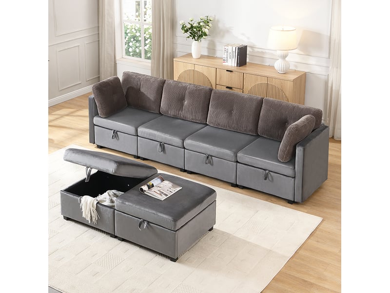  Canapé modulaire u 6 places avec rangements, convertible en couchage, velours et velours côtelé gris antique  - Conforama C