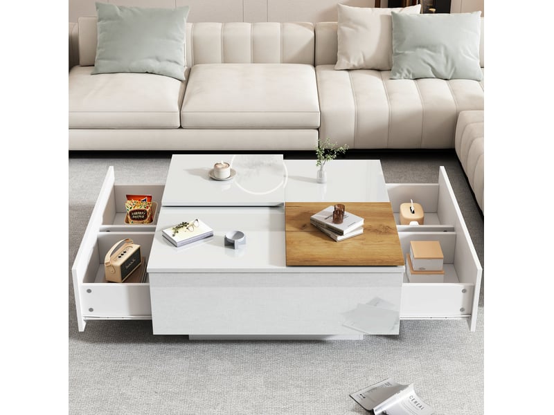  Table basse carrée 75x75x33 cm avec 4 tiroirs spacieux, 2 plateaux coulissants, pour salon, élégante, pb, blanc et bois  - Conforama D