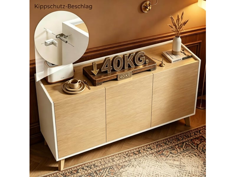  Buffet 3 portes et 6 espaces de rangement, 120 cm, finition bois naturel et blanc  - Conforama D