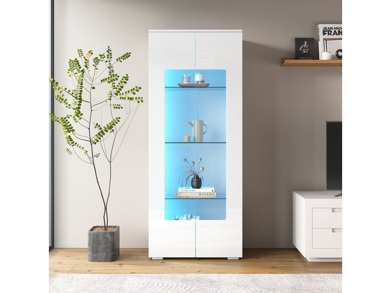  Vitrine de rangement, avec éclairage led, 70 x 40 x 173 cm, en verre trempé et mdf, coloris blanc, pour salon, pour maison et appartement  - Conforama E