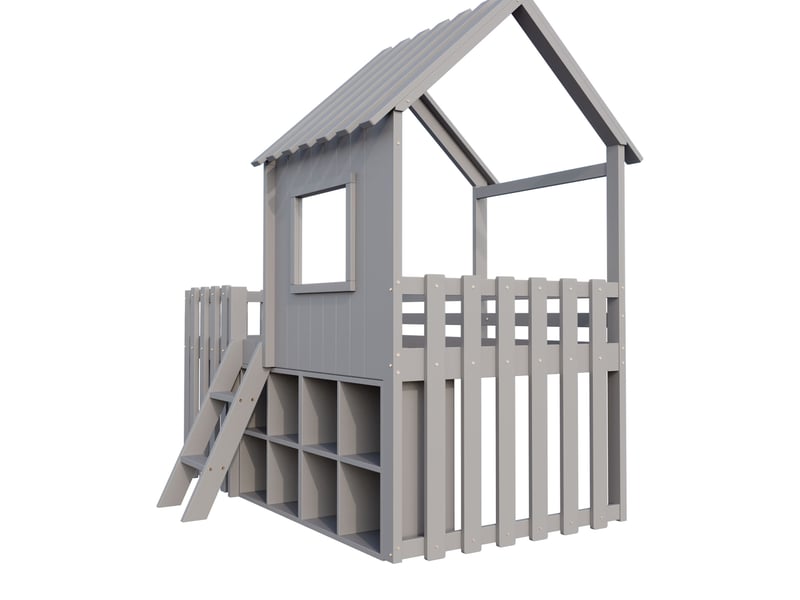  Lit mezzanine enfant 90x200 cm – gris – maison avec toit, fenêtre et rangements mobiles – sans matelas  - Conforama E