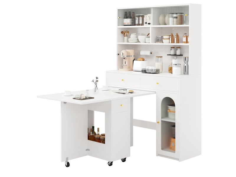  Ensemble de meubles de cuisine avec table à manger pliante sur roulettes, blanc, mdf  - Conforama B