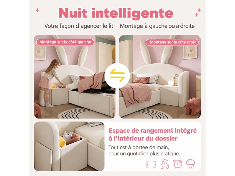 Lit coffre hydraulique 90 x 200 cm en velours beige avec sommier à lattes et chevet réversible - Conforama E