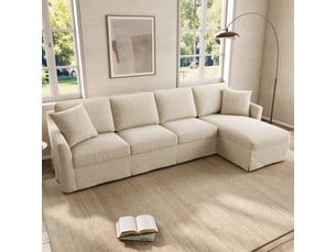 Canapé d'angle réversible fixe  CozyNest 4 places Coton / Lin beige avec coffre de rangement