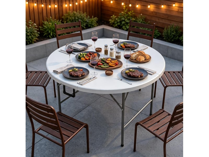  Table de jardin ronde pliante ø122 cm – blanche et grise – 6 personnes, pliage compact pour transport  - Conforama B