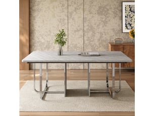 Table à manger 180x80x75 cm design moderne, plateau gris et pieds métalliques argentés, pour 6 à 8 personnes, mdf.