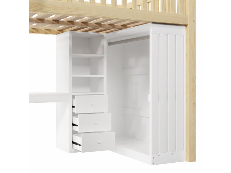 Lit mezzanine 140x200 cm avec bureau, armoire, 3 tiroirs, rangements ouverts, garde-corps et escalier - bois naturel - Conforama E