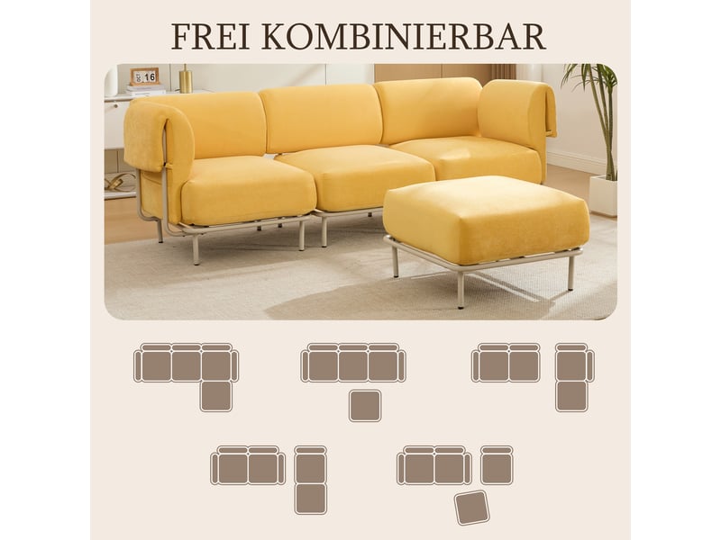  Canapé d'angle modulable 3 places en tissu chenille mangue, avec pouf, 251×155×78 cm, design nordique  - Conforama D
