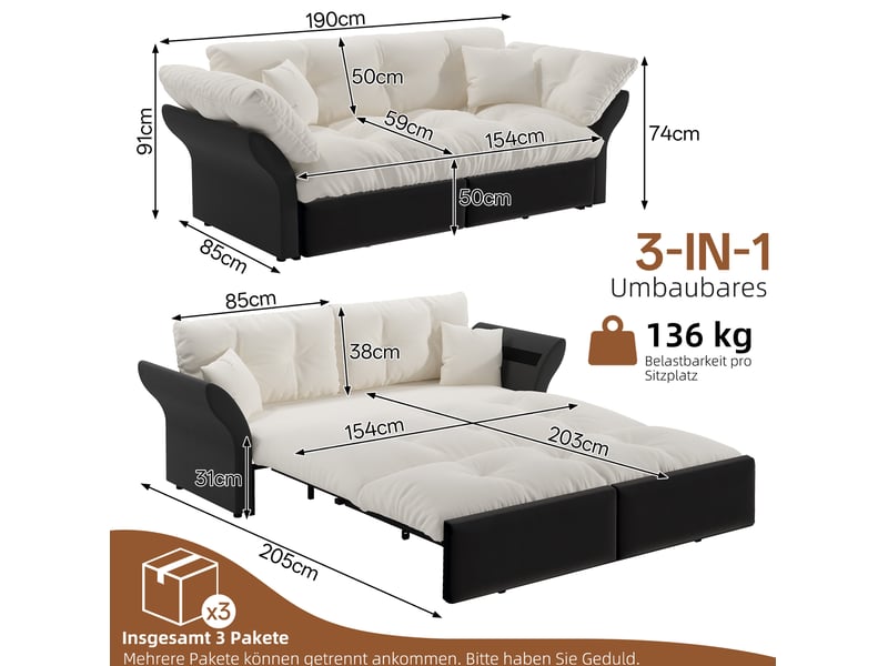  Canapé-lit convertible 3-en-1 190x85x91 cm en bois et métal, couleur beige et noir, design moderne, design moderne  - Conforama C