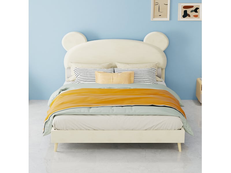  Lit enfant 140x200 cm avec matelas à ressorts ensachés 23 cm, tête de lit oreilles d’ours, tissu et métal beige  - Conforama B