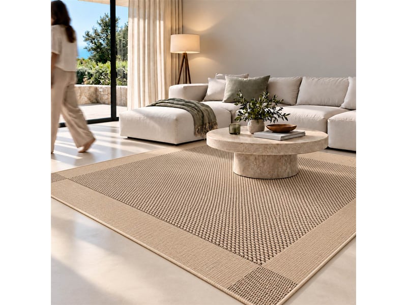  The white stone tapis extérieur avec bande extérieure 200x290 cm tourterelle | pour intérieur et extérieur, résistant aux uv et à l'eau, lavable | tapis en polypropylène tissé à plat effet sisal  - Conforama E