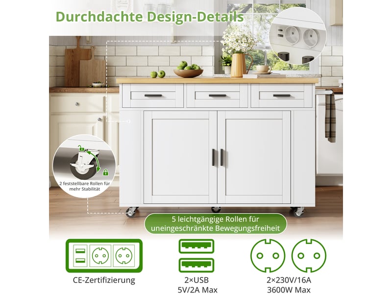  Îlot de cuisine sur roulettes avec plan rabattable et prises mdf 120 x 45(70) x 84 cm N635P45245051W - Conforama E