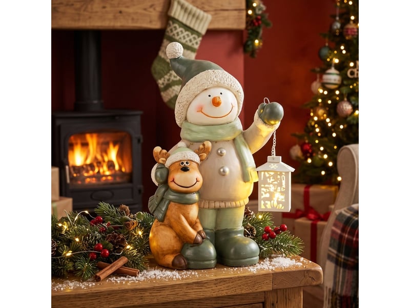 Bonhomme de neige 43 cm en mgo avec lanterne led et minuterie, pour entrée et zone de porte - Conforama B