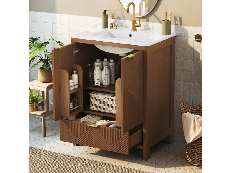Meuble sous-vasque sur pied 61x47x87 cm, meuble salle de bain avec vasque céramique, motif ondulé, tiroirs et étagères, fermeture amortie, mdf, brun Bliss Lite - Conforama B
