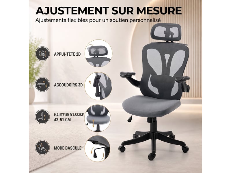  Chaise bureau ergonomique avec accoudoirs 3d et appui-tête réglable, fauteuil de bureau en maille, gris  - Conforama D